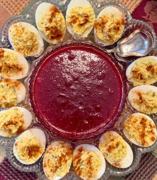 Deviled eggs and cranberry jelly