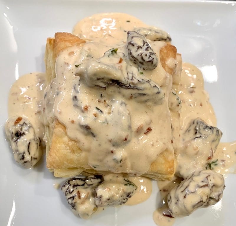 morel mushroom in cream sauce on puff pastry