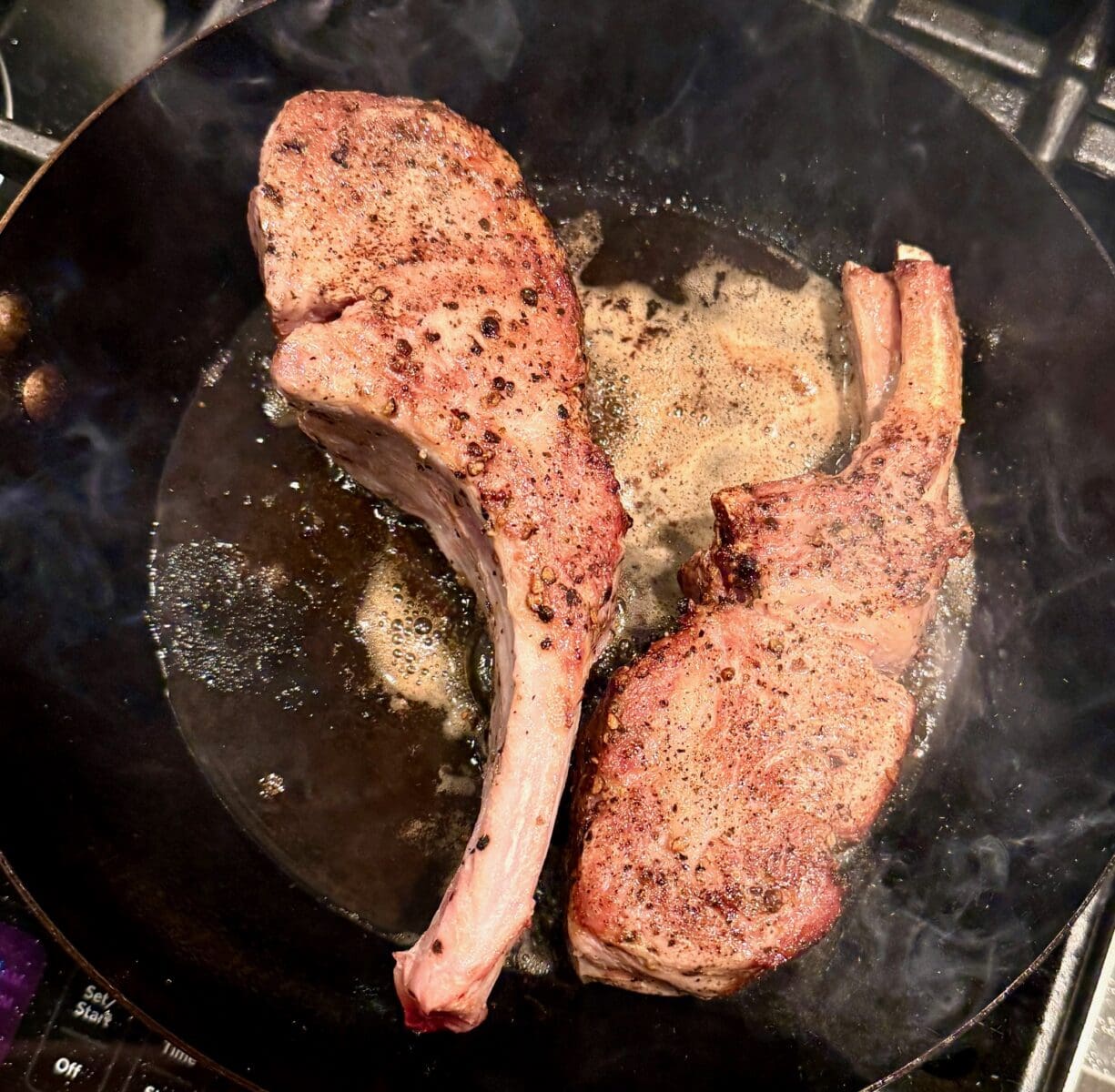 Searing the chops over high heat