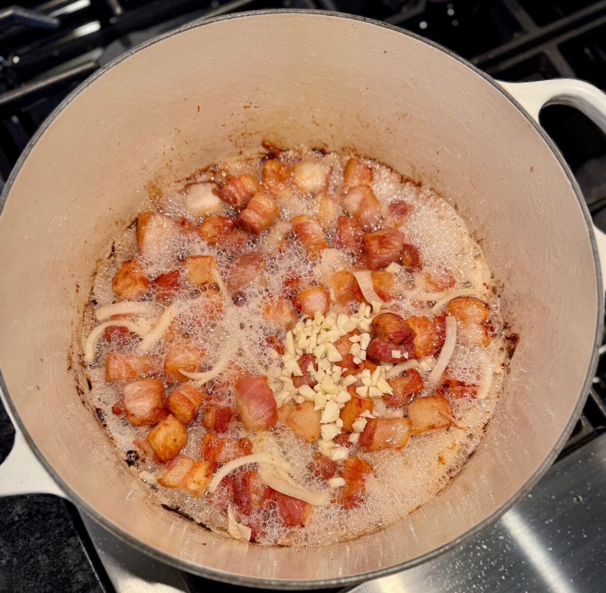 seared belly with onion and garlic